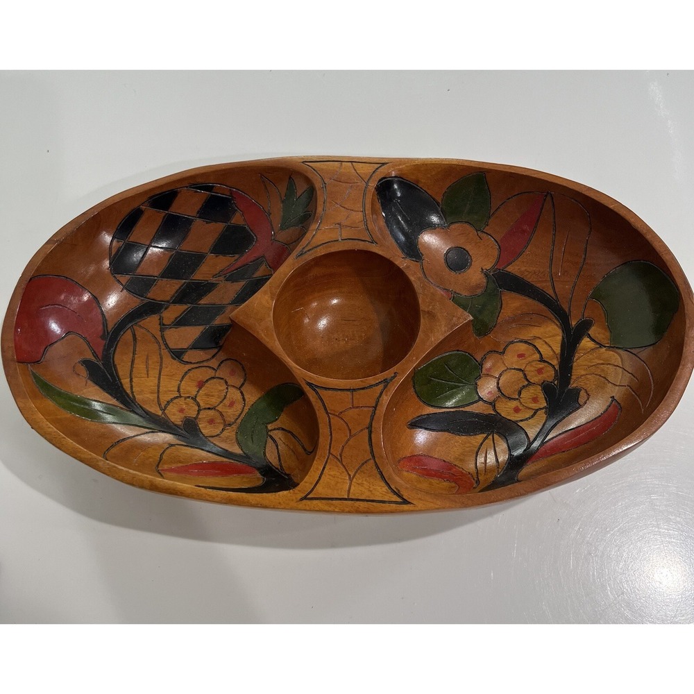 Vintage Wooden Hand Painted Carved Bowl Serve Nuts Cheese Floral‎ 2 Sided Design